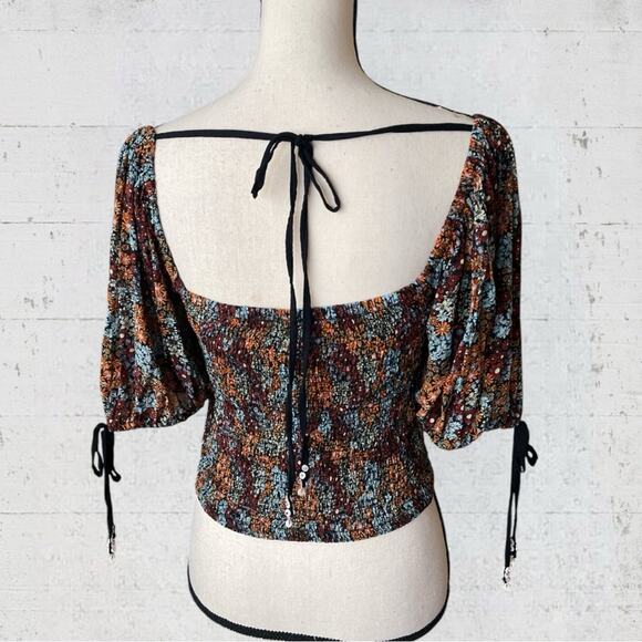 Free People Back On Top Cropped Top Dark Combo Size S Boho Smocked Puff Sleeve - Picture 8 of 13